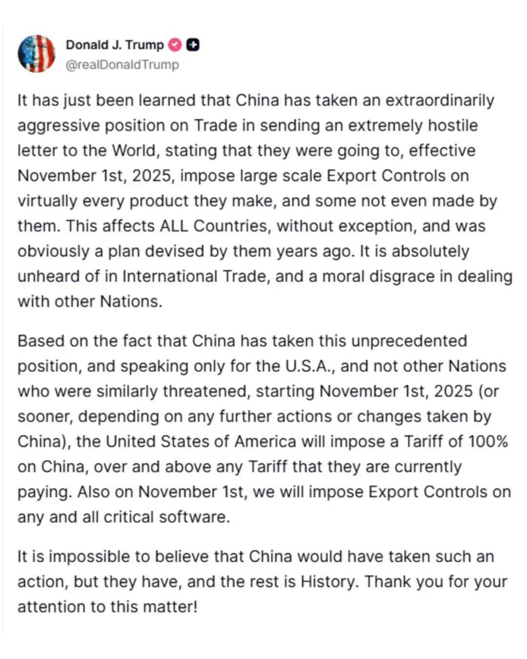 突发！特朗普宣布对所有从中国进口的商品加征 100% 关税